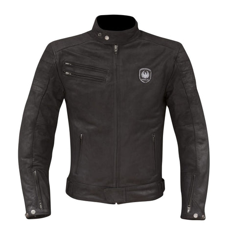 Classic leather motorcycle jacket with a less café racer style and horizontal stitch design.