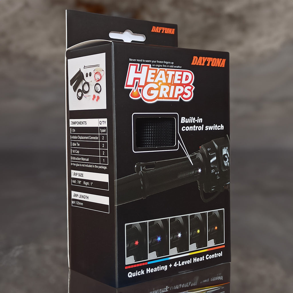 Daytona Heated Grips provide essential warmth for riding during winter months.